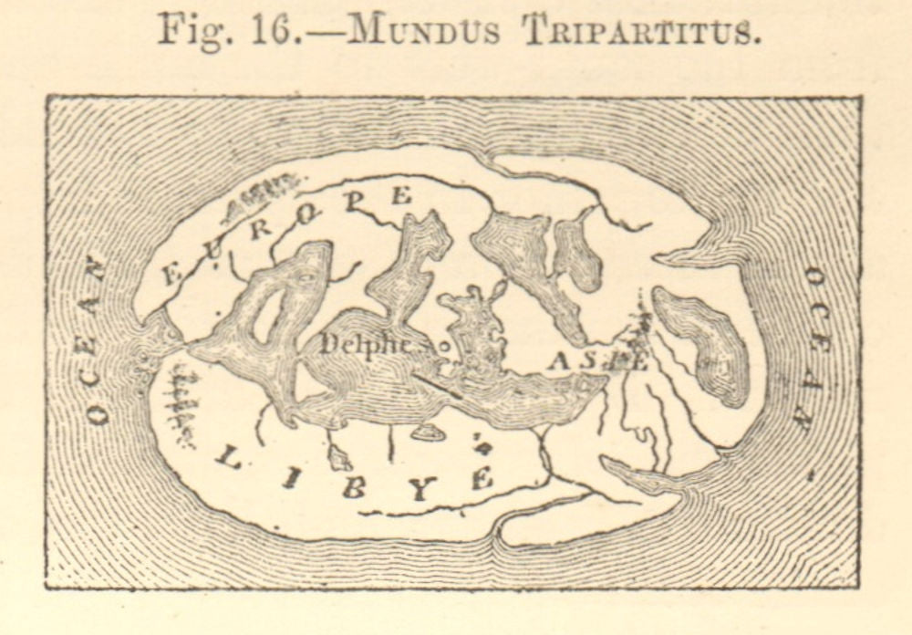 Mundus Tripartitus. World. Delphi Europe Libya Asia. SMALL sketch map 1886